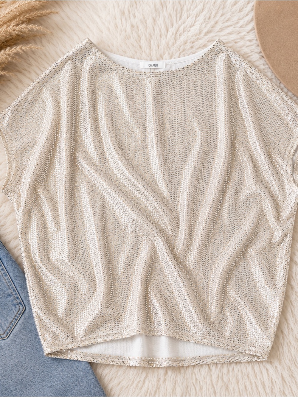 Cherish Metallic Silver Champagne Sparkle Short Sleeve Top